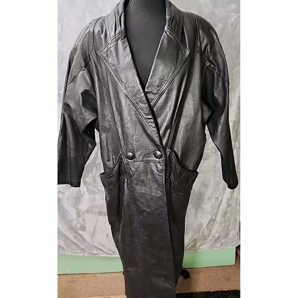 John Weitz Long Tapered Leather Jacket L Black Shoulder Pads Lined Vintage 80's